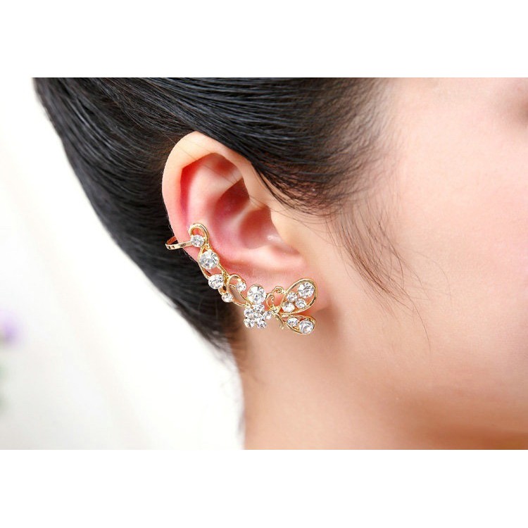 Khuyên tai vàng hình hoa và bướm đính đá pha lê phong cách retro