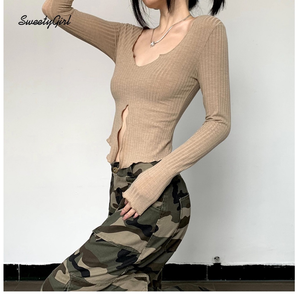 Áo Thun Tay Dài Cổ Tròn Khoét Sâu Eo Thấp Màu Trơn Thời Trang 2022 Quyến Rũ Cho Nữ