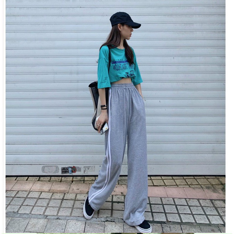 Quần ỐNG RỘNG thể thao 2 Sọc Trắng🍓 Unisex Nam Nữ - Kiểu quần Culottes lưng cao