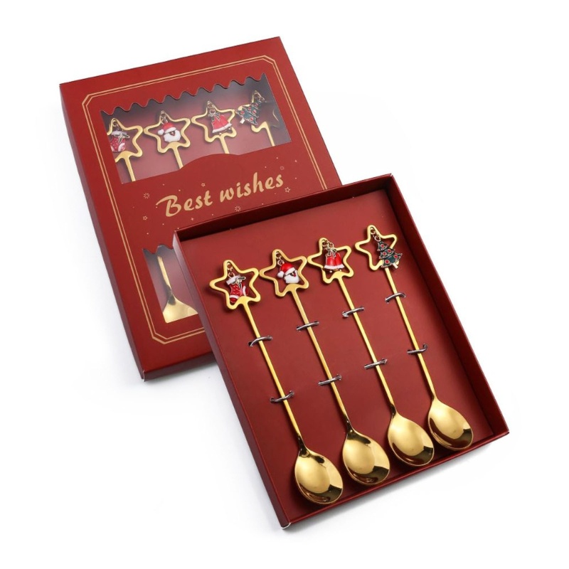 Set 4 Muỗng Cà Phê Bằng Thép Không Gỉ Kèm Hộp Đựng Họa Tiết Giáng Sinh
