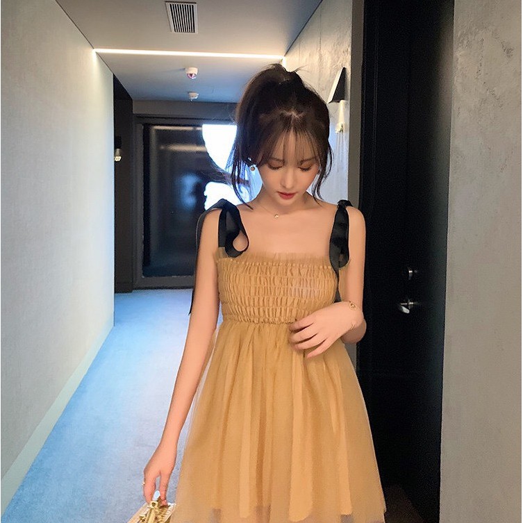 Đầm lưới buộc nơ ruy băng siêu dễ thương xinh xinh