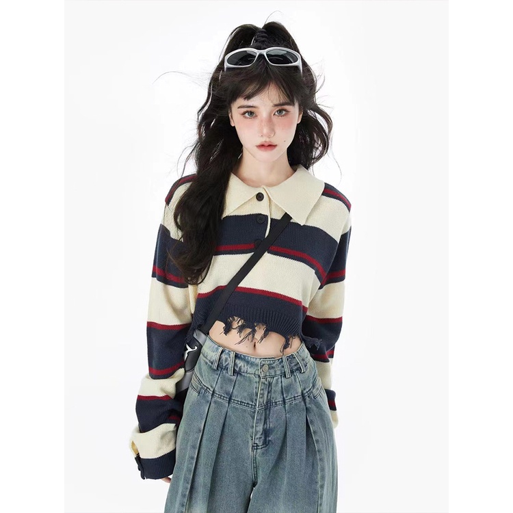 ZHELIHANGFEI Áo Sweater Tay Dài Cổ POLO Lưng Cao Họa Tiết Kẻ Sọc Phong Cách Mỹ