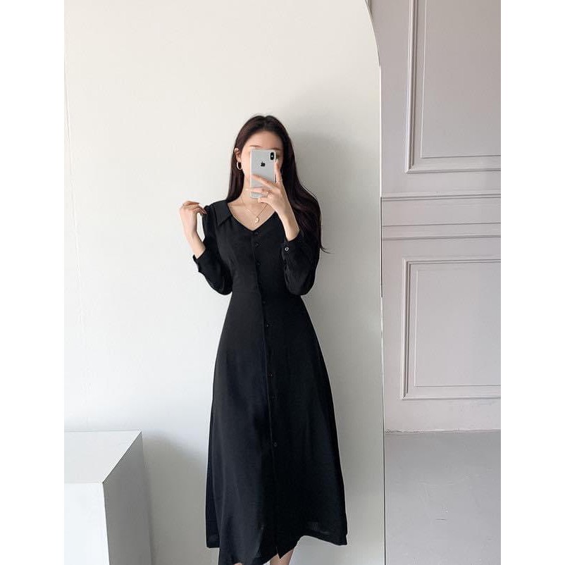 Đầm Midi cổ bẻ tay dài