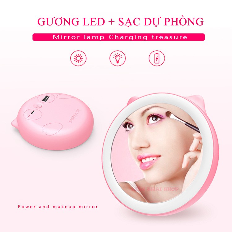 Gương trang điểm mini có đèn LED kiêm sạc dự phòng 5200 mAh