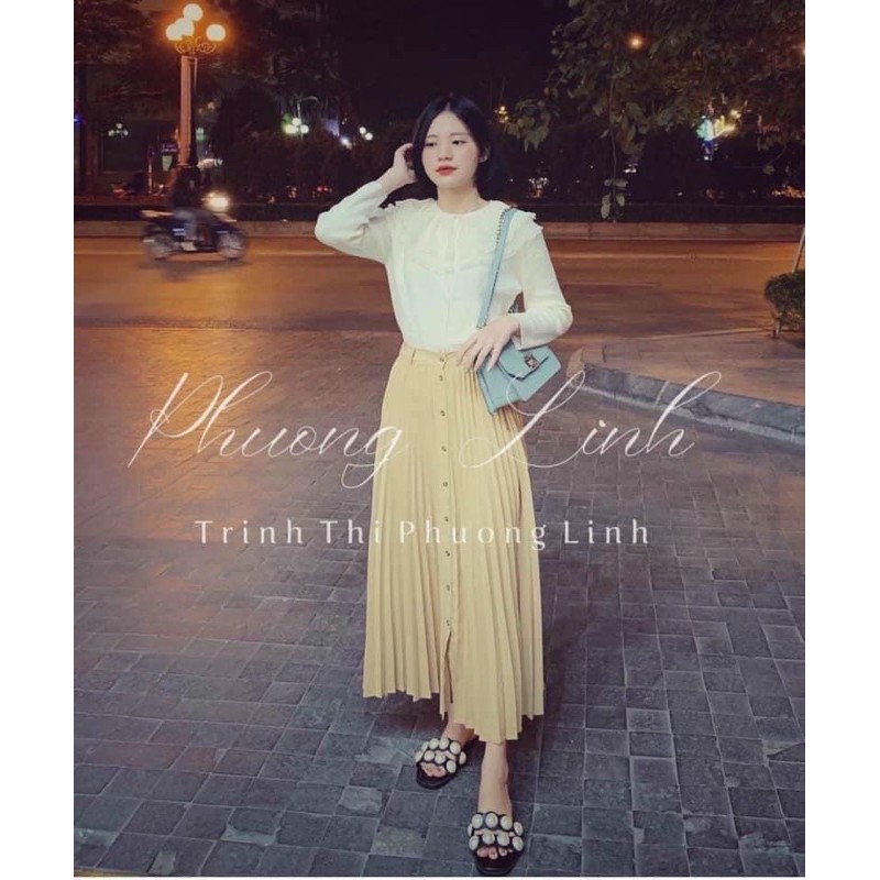 VÁY MIDI MÀU NUDE XẾP LY SIÊU ĐẸP