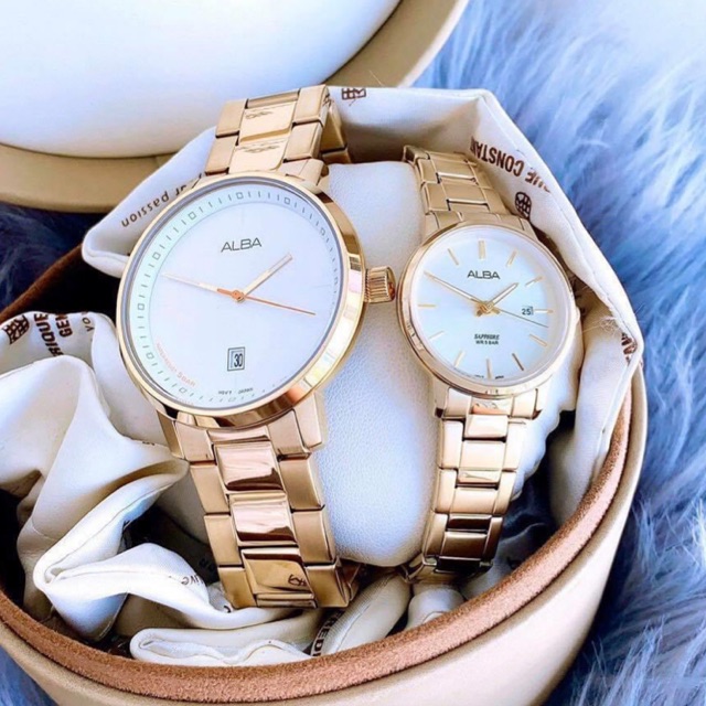 Cặp đồng hồ nam nữ Alba kính Sapphire - Dây thép không gỉ đúc - chống nước 50m chính hãng