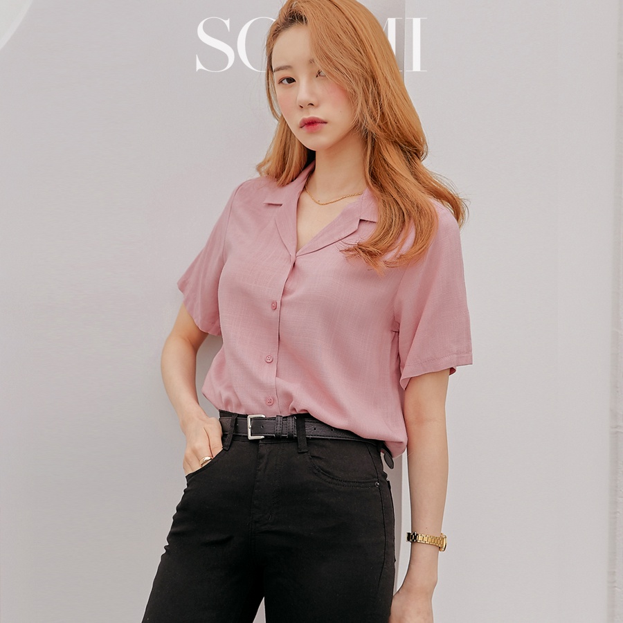 Áo Linen Nữ SONMI Hàn Quốc Kiểu Áo Sơ Mi Tay Ngắn Cổ Vest Công Sở Cao Cấp Form Rộng MALLORY OPAL