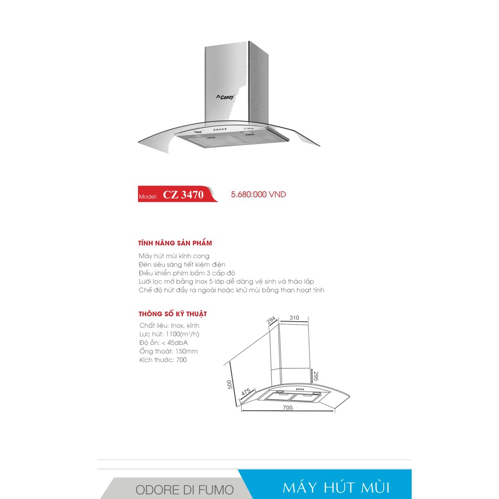 [Mã ELHAMS5 giảm 6% đơn 300K] Máy hút mùi kính cong CANZY CZ3470