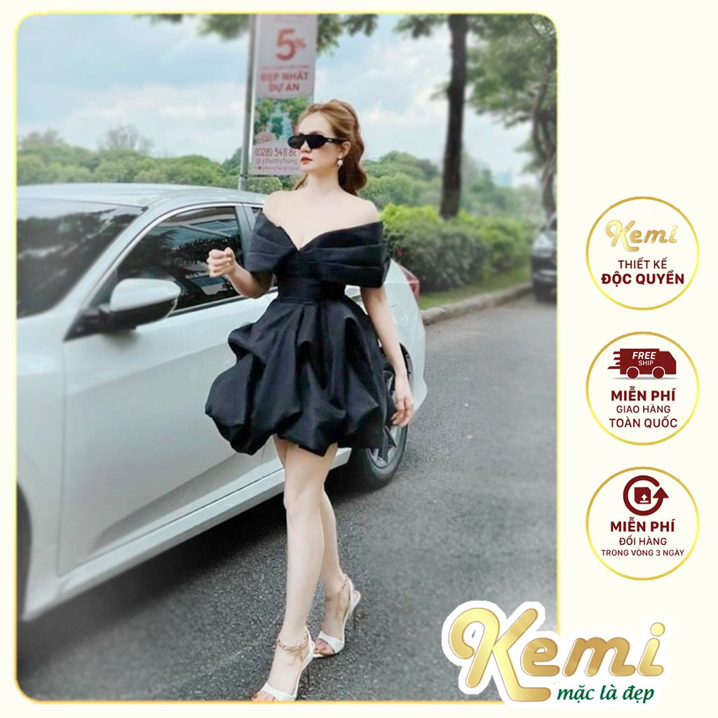 Đầm Dự Tiệc, Váy Thiết Kế Tafta Trễ Vai Dáng Xòe bồng bềnh 2 màu đen, trắng cực hot nhà Kemi