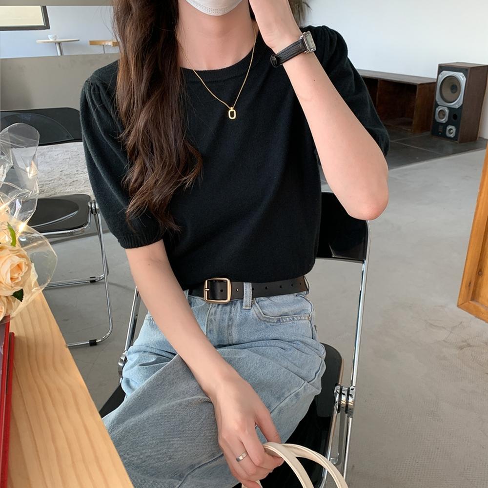 Áo Thun Dệt Kim Tay Ngắn Cổ Tròn Màu Trơn Phong Cách Mới 50195