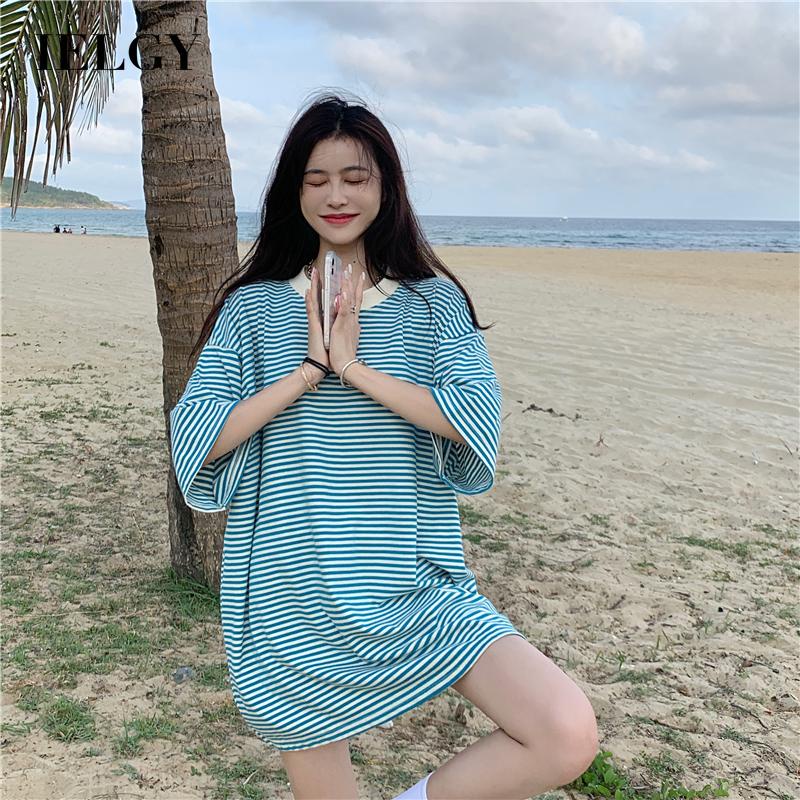 Áo thun IELGY ngắn tay dáng suông họa tiết kẻ sọc phong cách retro cho nữ