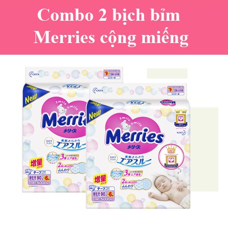 Combo 2 bịch bỉm dán/ quần MERRIES CỘNG MIẾNG NB96/ S88/ M68/ L58/ M64/ L50