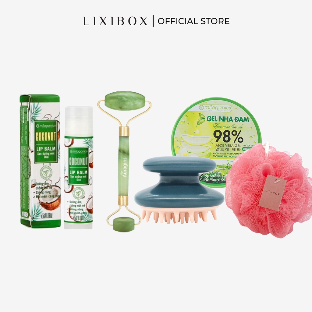 [HB Gift] Combo Thanh lăn Auragins, Gel Dưỡng Ẩm Nha Đam, Bông Tắm Lixibox, Lược gội đầu silicone giảm gàu , Son Dừa Dưỡ