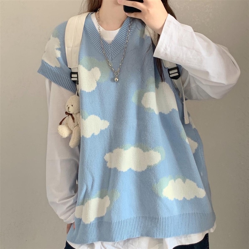 Áo len xanh white cloud dáng rộng năng động phong cách HQ