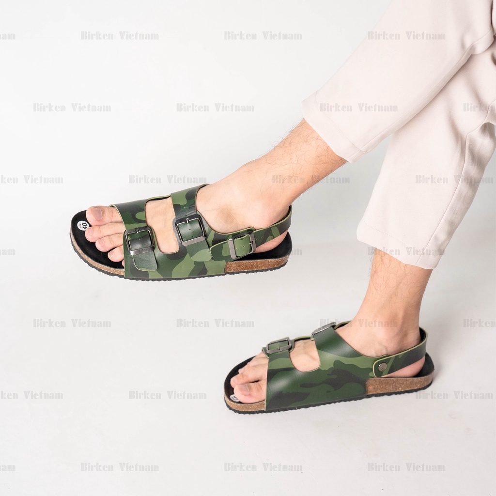 [ New Style ] - R02 DÉP ĐẾ TRẤU Da PU Camo Rằn Ri Hai Quai Ngang Unisex Birken Vietnam Bioline