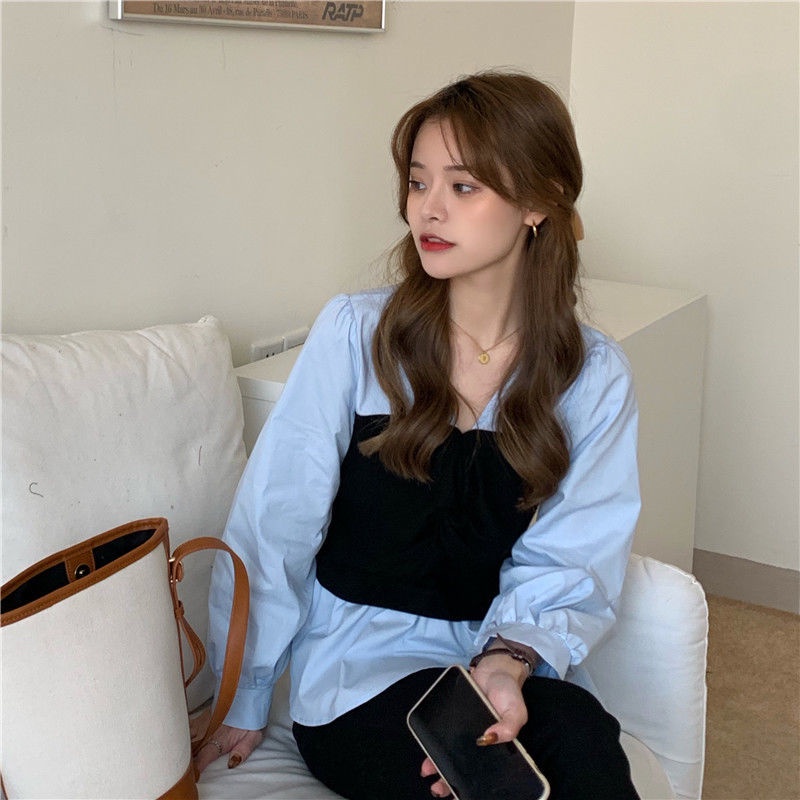Áo Sơ Mi Tay Dài Giả Hai Lớp Phối Màu Tương Phản Thời Trang 2022 Cho Nữ