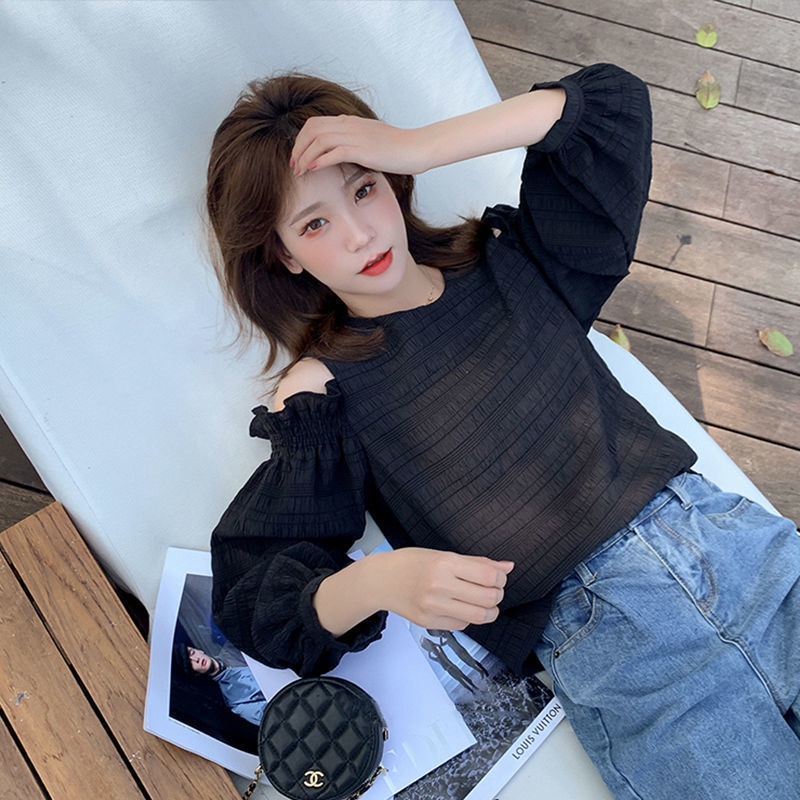 Áo Kiểu Trễ Vai Tay Phồng Màu Trơn Phong Cách Pháp Mẫu Mới Thời Trang Mùa Xuân Cho Nữ