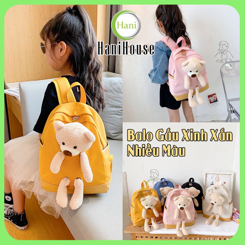 Balo gấu vàng hồng đeo vai size to chất vải canvas dễ thương cho bé học mầm non mẫu giáo hoặc du lịch Hani House