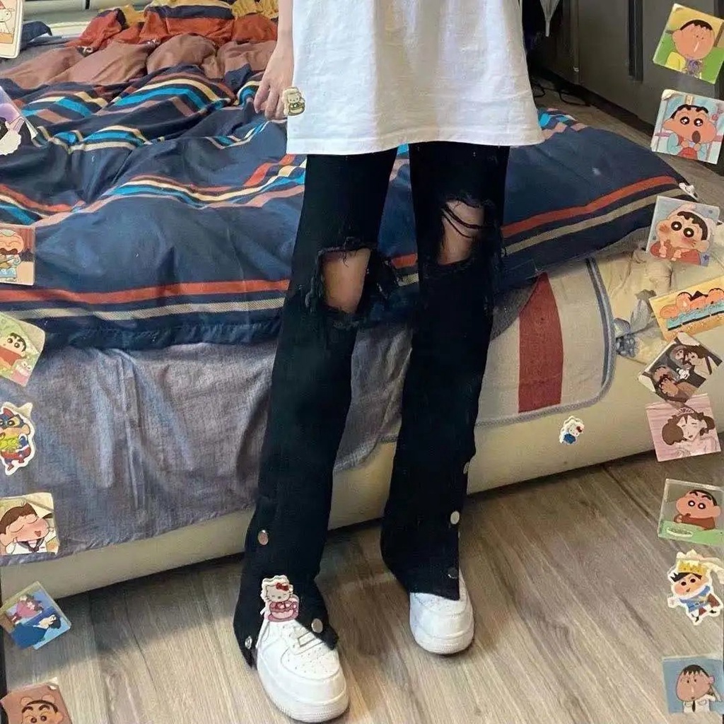 Quần Jeans Nữ Lưng Cao Ống Đứng Rách Gối Thời Trang Hàn