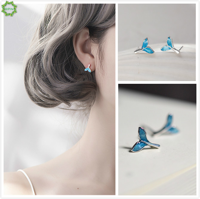 Cặp khuyên tai hình đuôi tiên cá xanh dương mini thời trang cho nữ