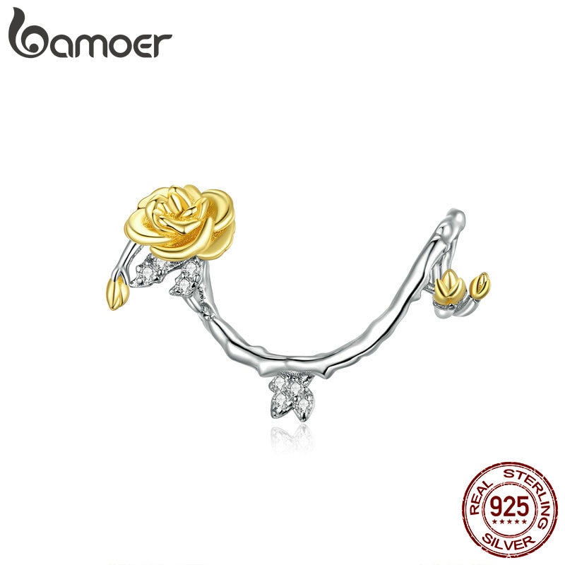 Hạt charm Bamoer BSC322 hình nhánh hoa hồng bạc 925 trang trí vòng tay xinh xắn