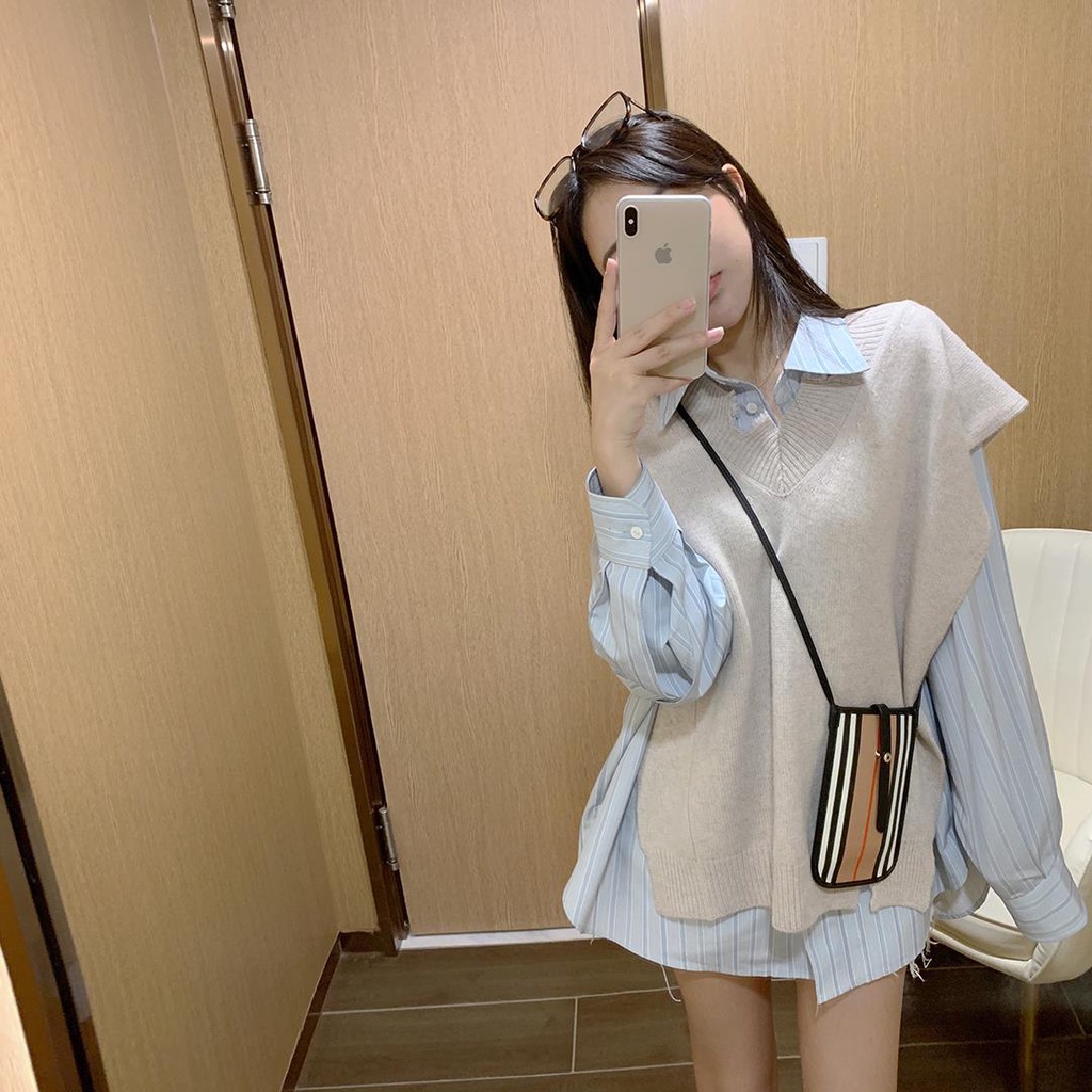 Set áo sơ mi tay dài và áo khoác sát nách thời trang xuân thu 2021 dành cho nữ