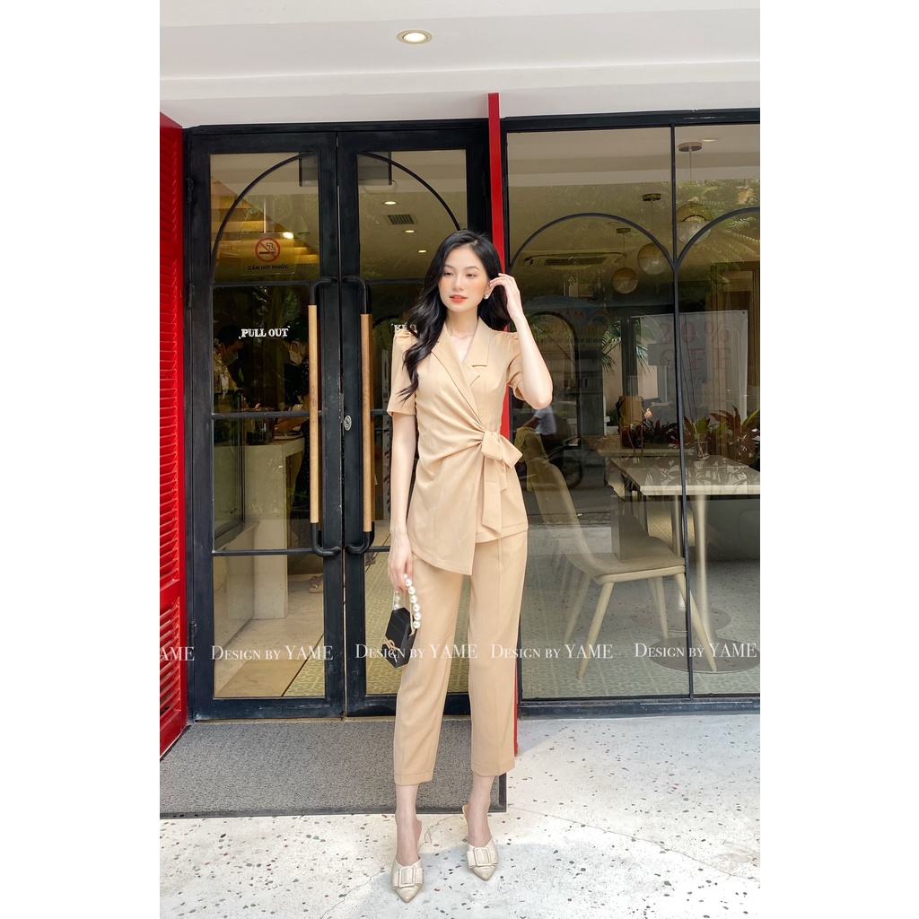 Set áo vest ngắn tay bồng vạt chéo kèm quần baggy màu nâu thanh lịch công sở YAME  - ẢNH THẬT