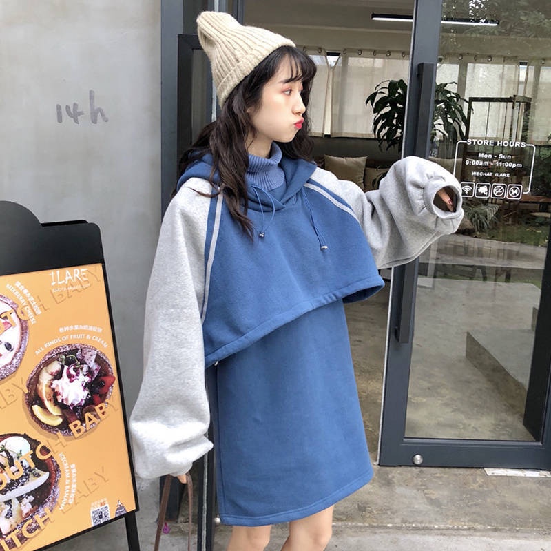 ZHELIHANGFEI Đầm Thun Nỉ Tay Dài Cổ Cao + Váy Ngắn Dáng Rộng Phong Cách Preppy Ngọt Ngào