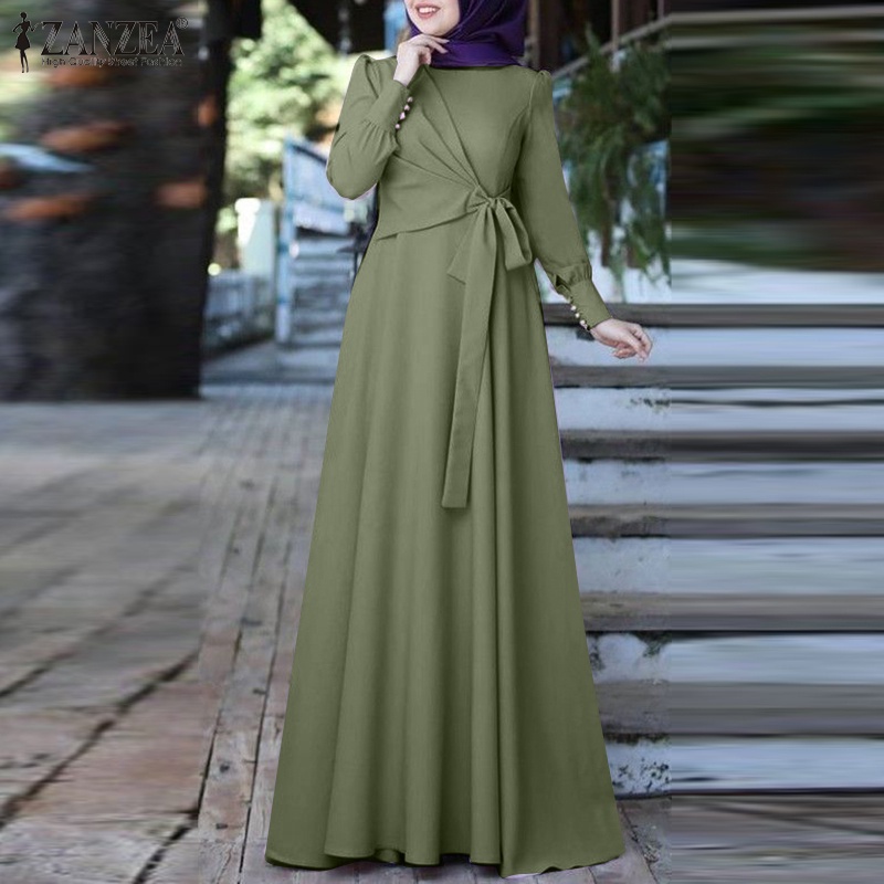 Zanzea Đầm Maxi Dài Tay Cổ Tròn Thắt Nơ Thời Trang Nữ Tính