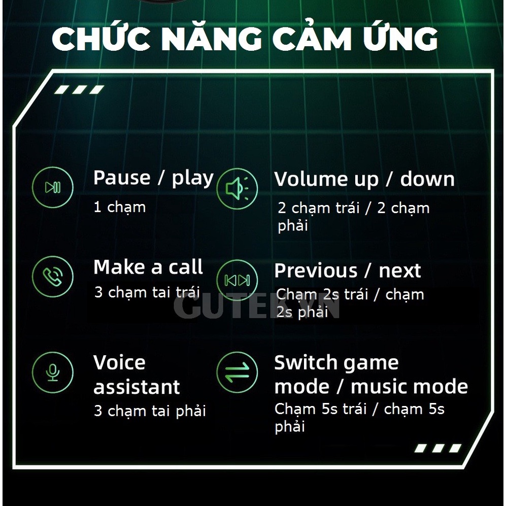 Tai nghe gaming bluetooth không dây TWS có mic độ trễ thấp pin trâu âm bass mạnh mẽ - Gutek G7S