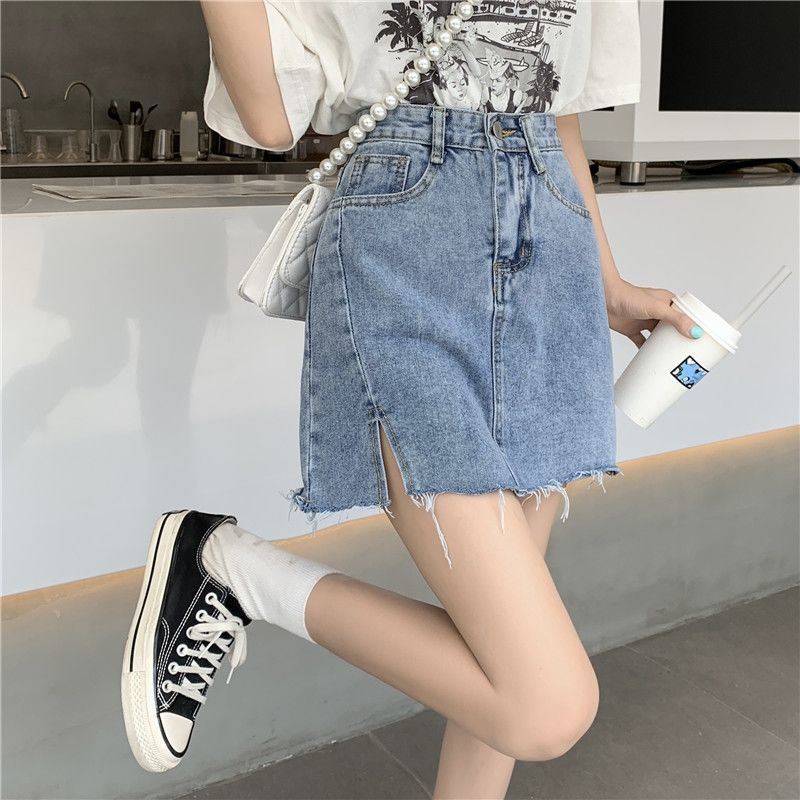 COZOK Chân váy jean Lưng Cao Xẻ Tà Đơn Giản Hợp Thời Trang Dễ Phối Đồ