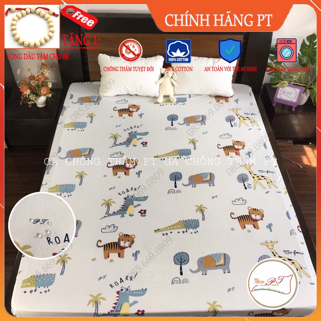 Ga chống thấm 100% cotton cao cấp cho bé, drap chống thấm chính hãng PT, bé tè lau là sạch (mẫu vườn thú kem)