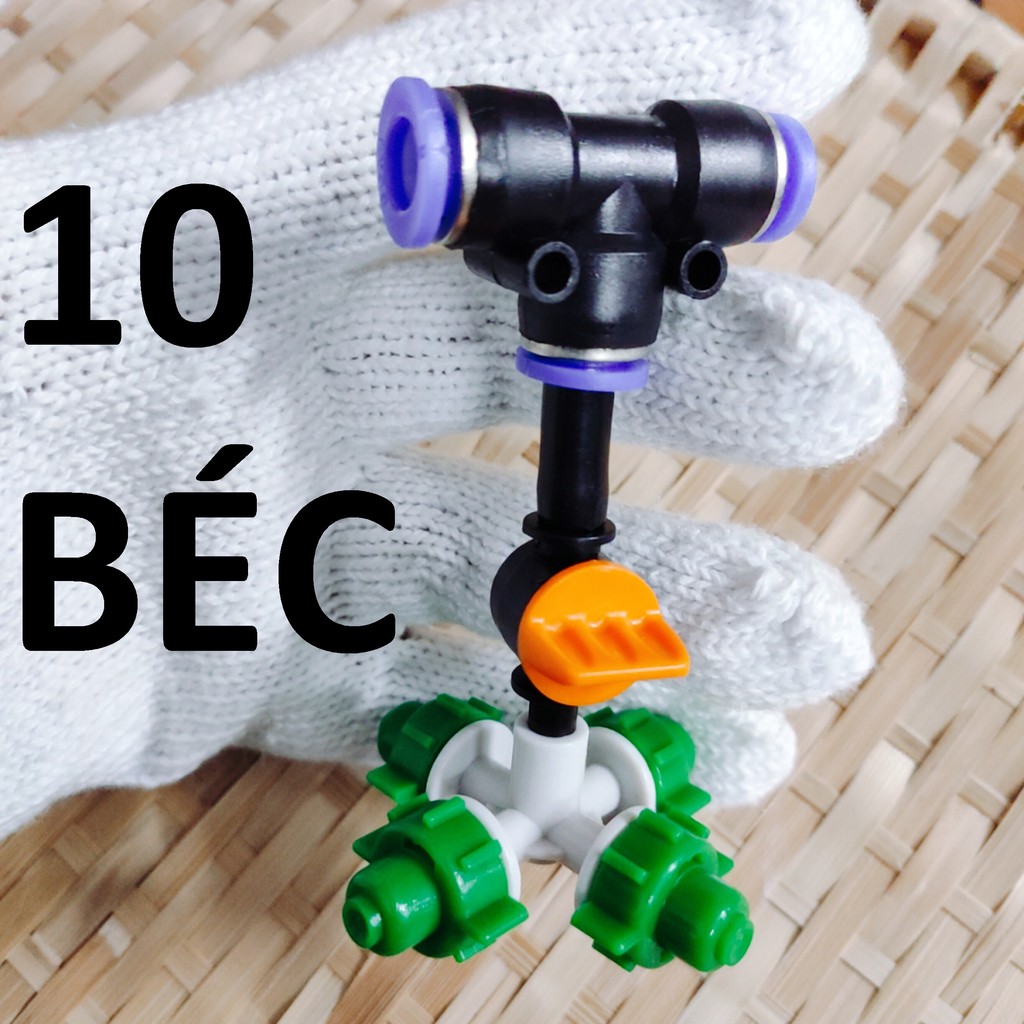 10 Béc tưới cây, phun sương 4 tia nhựa, có van khóa đầu béc, kết nối ống 8mm