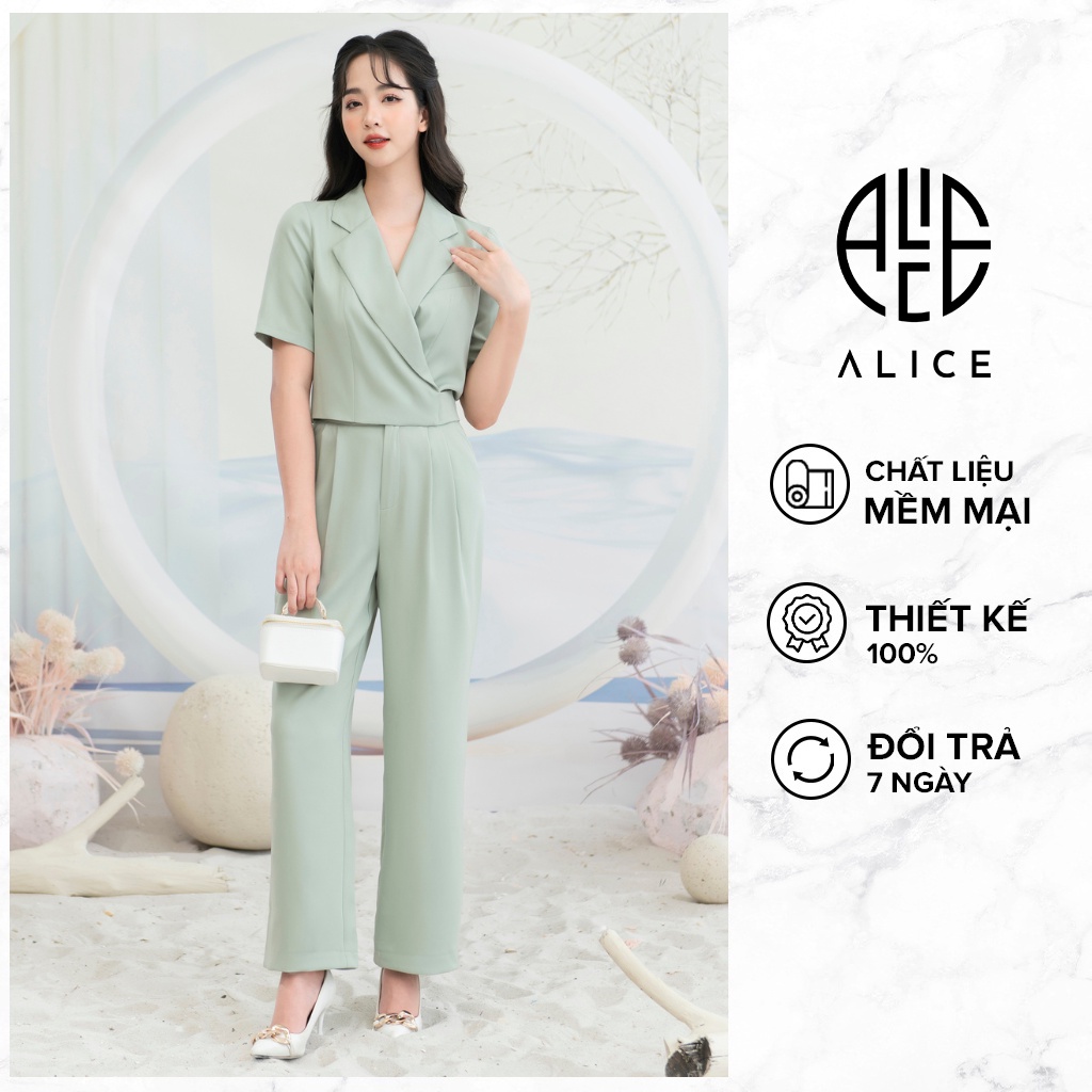 Set Đồ Công Sở Quần Dáng Suông, Áo Croptop Cổ Vest Thắt Dây Sau Lưng ALICE Chất Chéo Kaki Lót Lụa Cao Cấp S1019