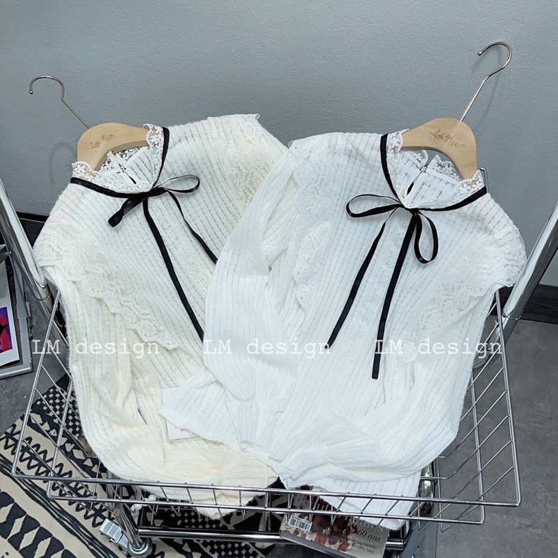 Áo ren xốp phối bèo vai cổ nơ