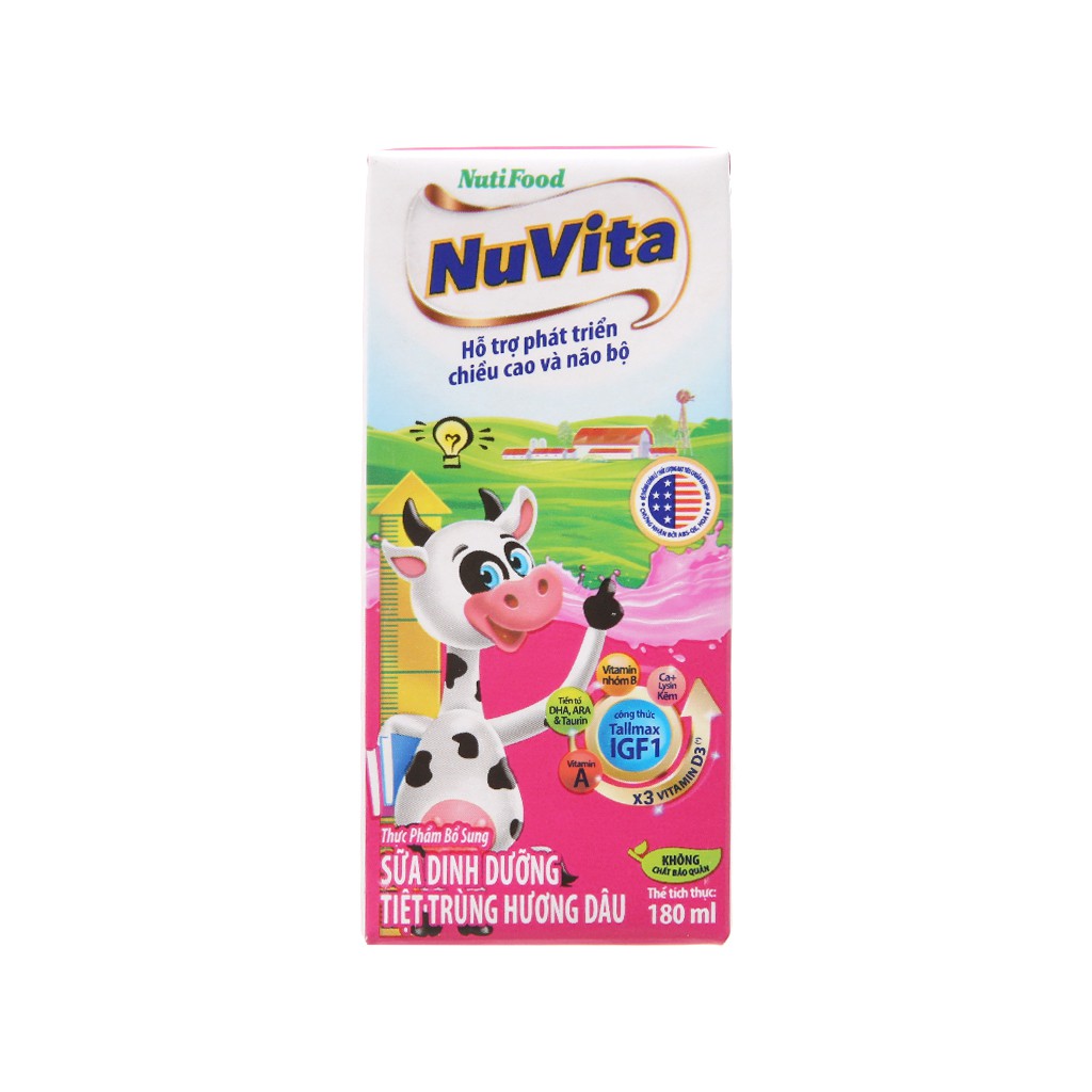 Lốc 4 hộp sữa tiệt trùng hương dâu Nuvita 180ml