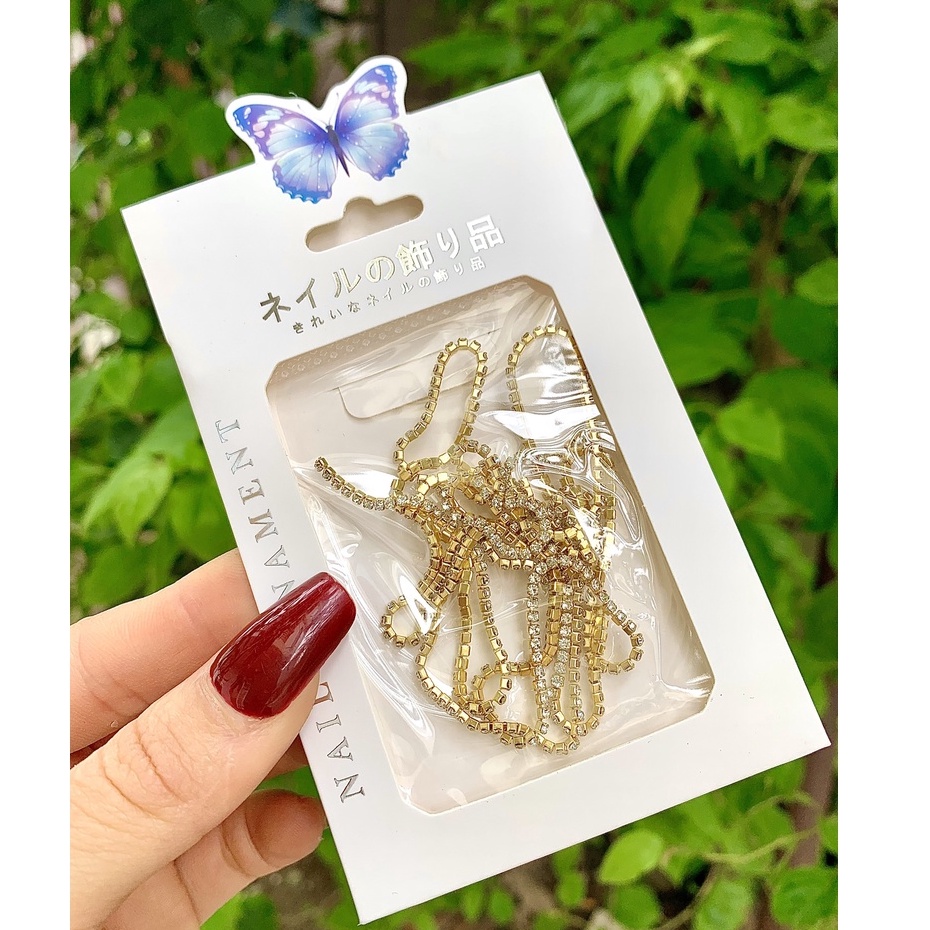 Phụ kiện dây xích kim loại đính đá 3D long lanh sang trọng trang trí móng nghệ thuật