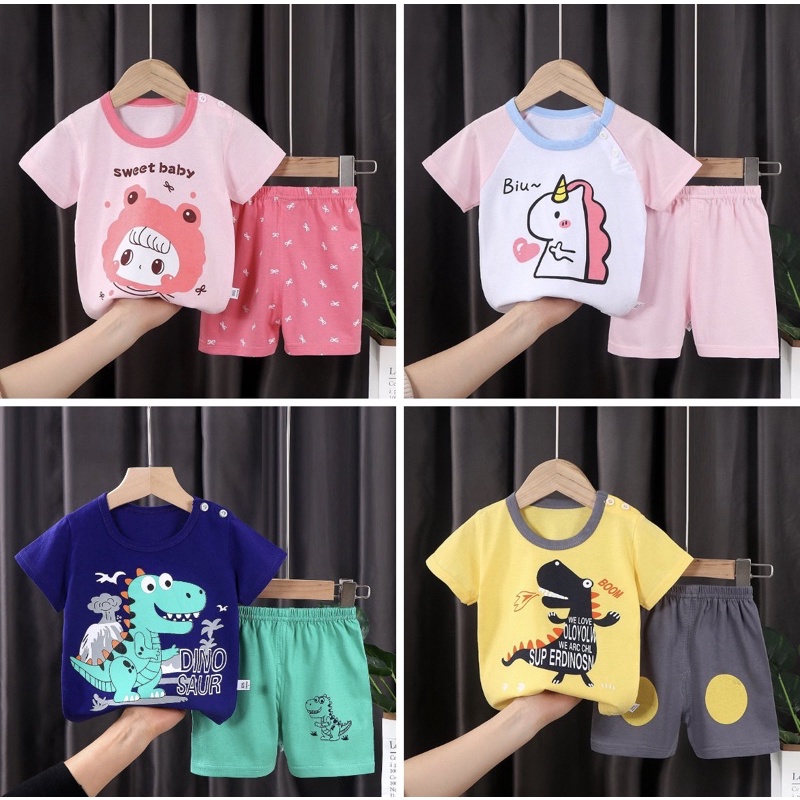 Bộ cộc tay cài vai bé trai/bé gái in con vật hàng xuất