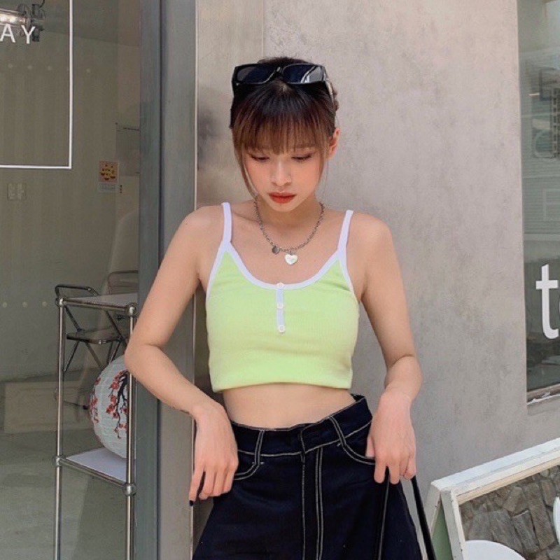 Áo Thun Croptop Hai Dây Cúc Phối Viền 4 Màu Hot Hit