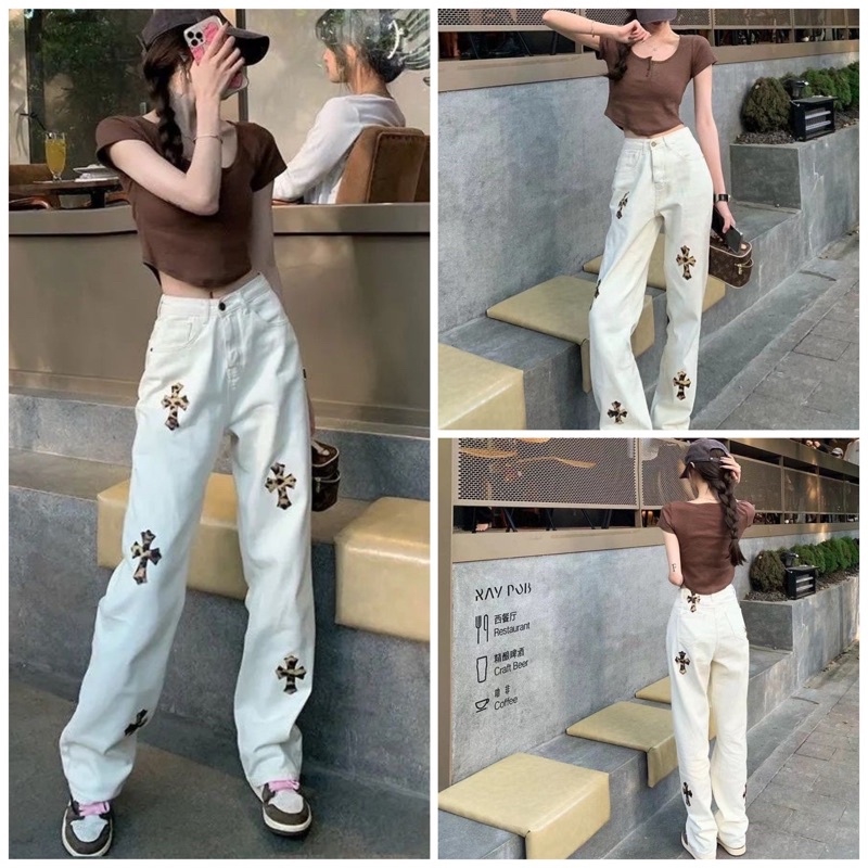 Quần Jean Ống Rộng Màu Trắng Hoạ Tiết Chữ Thập Siêu Chất
