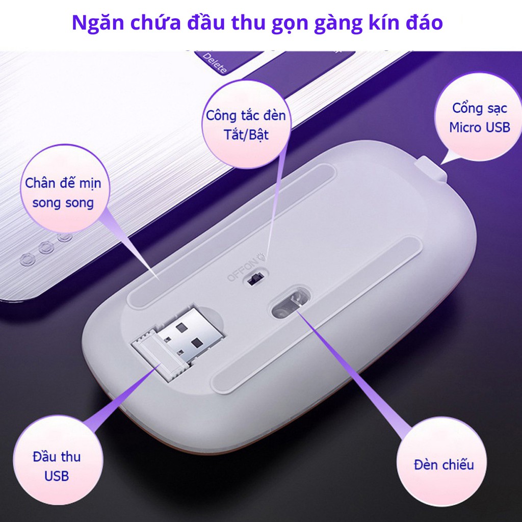 Chuột không dây A2, chuột máy tính không dây có đèn LED có thể sạc lại dùng Pin sạc, click không gây tiếng ồn
