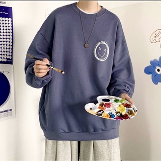 Áo sweater nỉ bông trơn hình icon mặt cười form rộng Unisex