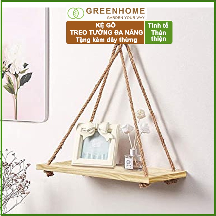 Bộ 2 Kệ gỗ treo tường, D40xR12cm, gỗ thông, tặng kèm 2m dây thừng |Greenhome