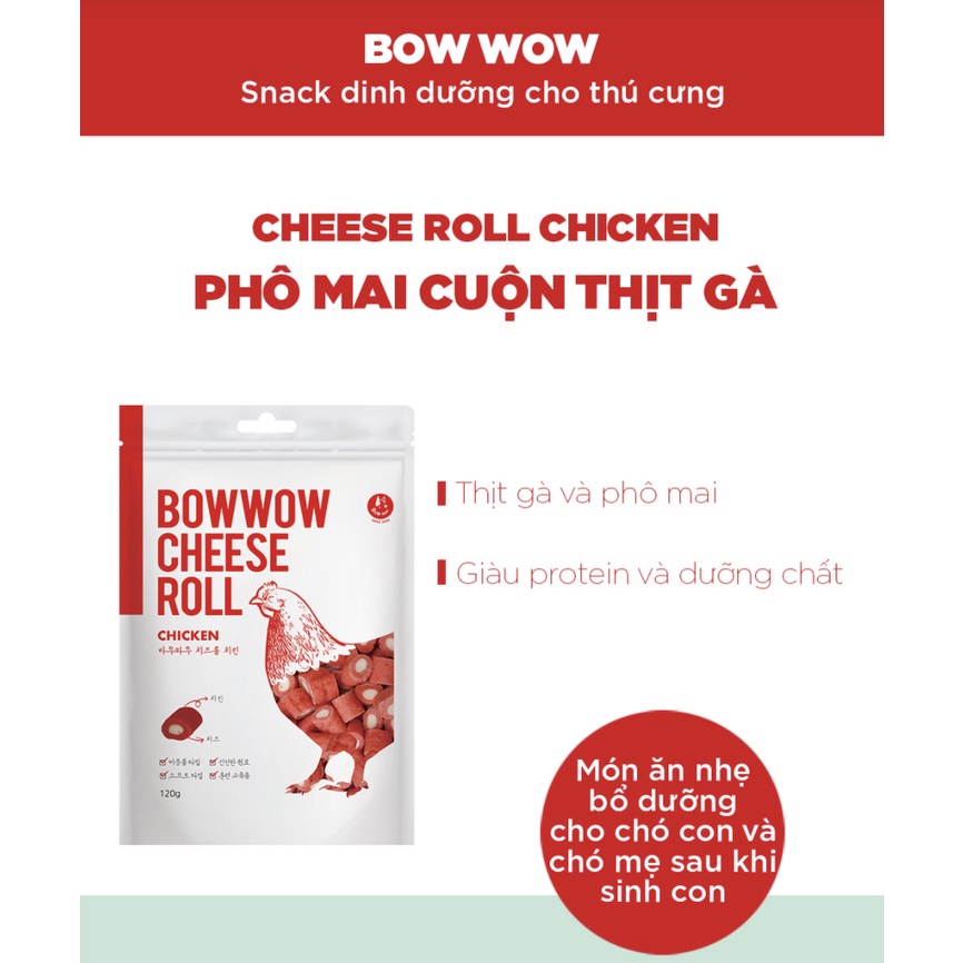 Snack cho chó mèo phô mai cuộn thịt gà Bow wow cheese roll 120g, thức ăn cho chó mèo vặt huấn luyện cún Con Mèo Xiêm