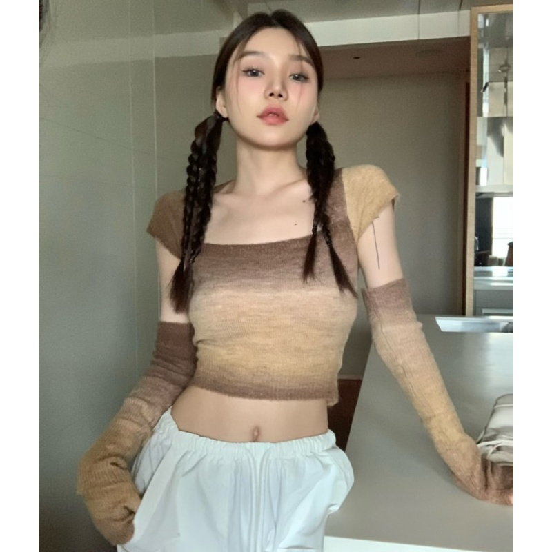 QKOOLE  Áo croptop Dệt Kim Tay Dài Cổ Vuông Kiểu Vintage Hàn Quốc Dễ Thương Cho Nữ