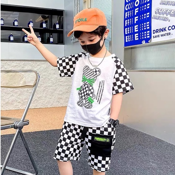 Bộ đồ bé trai Con Xinh cotton tay raplan caro hình in Gấu TIHE,thời trang dành cho trẻ em từ 4 đến 10 tuổi