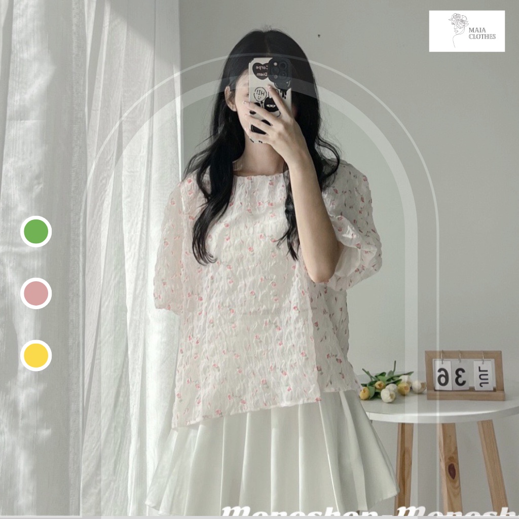 Áo voan 2 lớp hoa nhí tay bồng cổ tròn , chất xốp nhăn mỏng nhẹ Maia.clothes