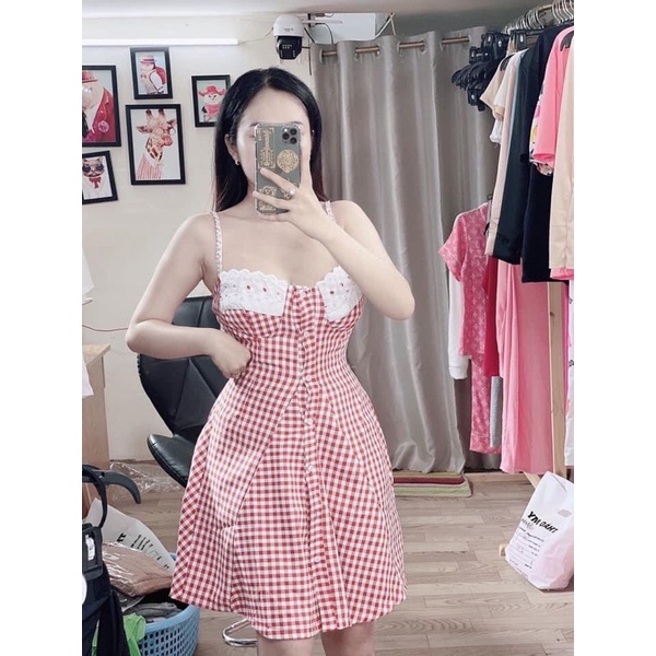 Đầm 2 dây cúp ngực caro xoè nút dài
