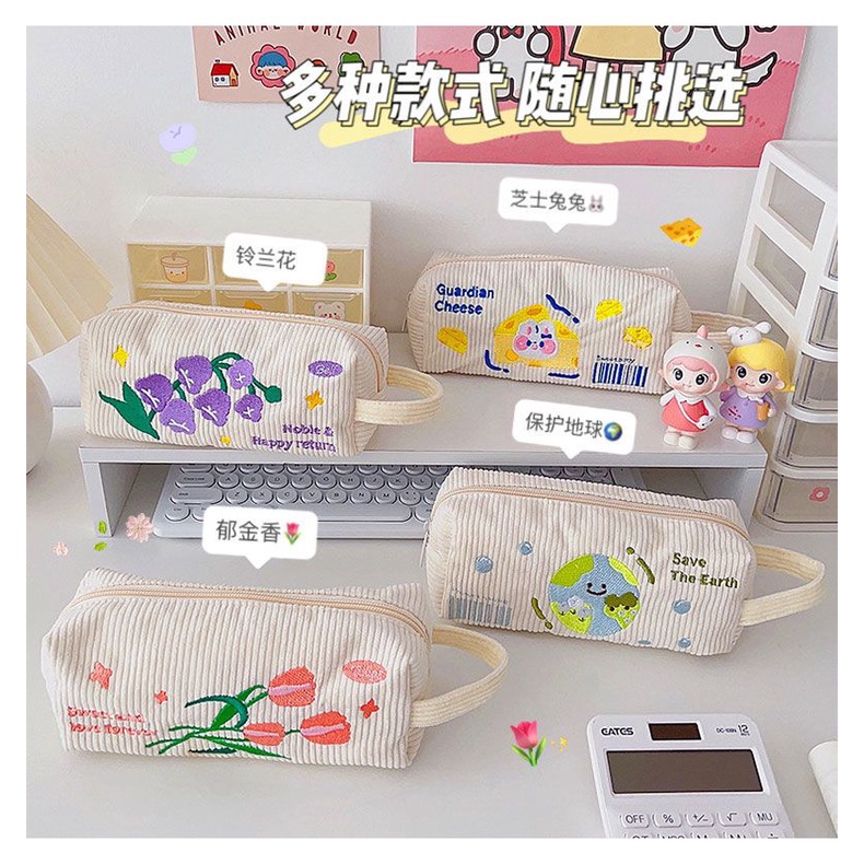 Túi Đựng Bút Chì Thêu Hình Trái Đất Dễ Thương Phong Cách Hàn Quốc Ốp