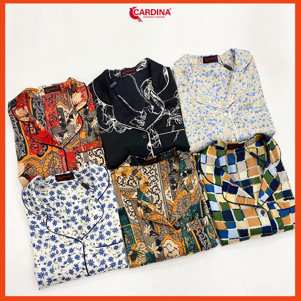 Đồ bộ pijama nữ 𝐂𝐀𝐑𝐃𝐈𝐍𝐀 chất lụa Satin nhật cao cấp áo tay phồng quần dài họa tiết trẻ trung 2Pi03